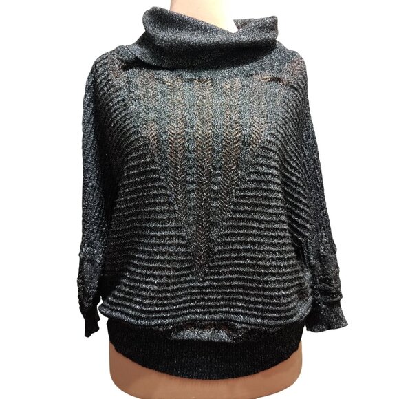 Cathy Daniels L Vintage Y2K Black Metallic Knit Cowl Neck 3/4 Sleeve Sweater Top - Picture 1 of 11